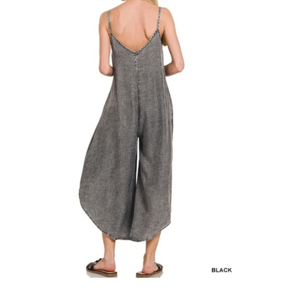Zenana‎ Lyocell Acid Washed Jumper Black Wide Leg Jumpsuit Sleeveless small boho